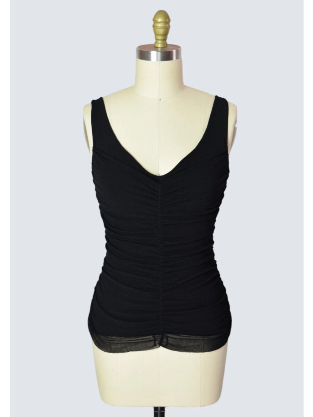 VTG Y2K WESTON WEAR BLACK RUCHED SLEEVELESS FORM FITTING MESH TOP